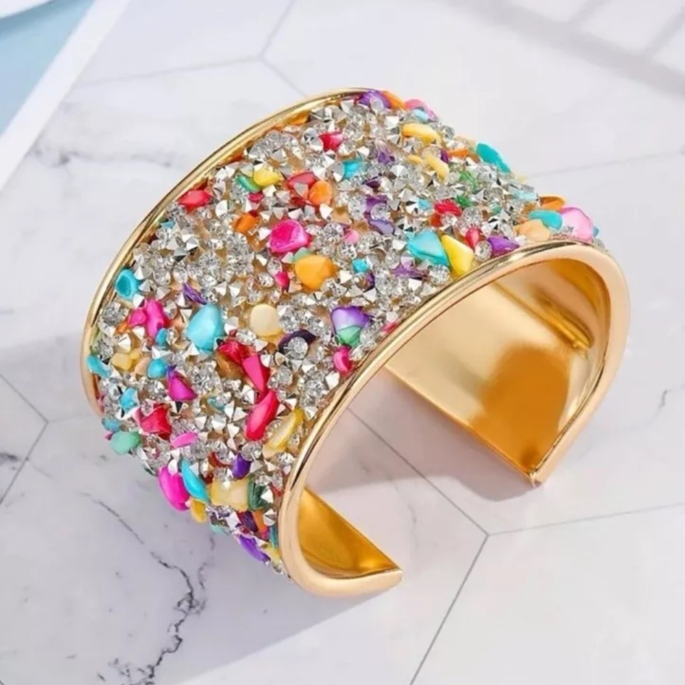 NEW Boho Colorful Stone Rhinestone Inlaid Cuff Bangle Bracelet